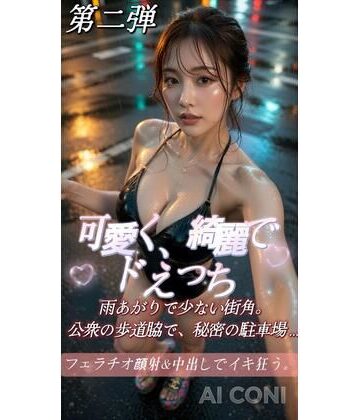 【d_785918】可愛くてドえっちシリーズ第2弾 雨あがりで少ない街角。公衆の歩道脇で、秘密の駐車場で美女がフェラチオ顔射＆中出しでイキ狂う。【AI CONI LABO】